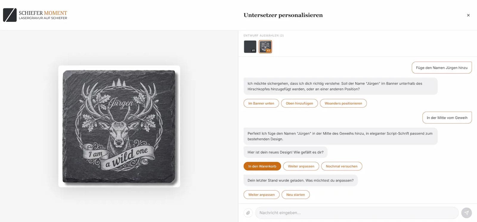 Der Personalisierer: links die Vorschau auf echtem Schiefer, rechts der Chat zur Gestaltung