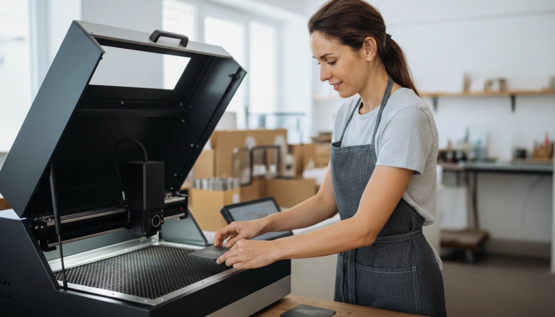 Fertig gravierte Untersetzer werden für den Versand verpackt