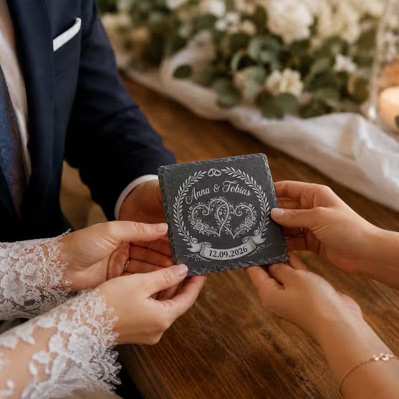 Schieferuntersetzer Hochzeit Namen & Datum – Geschenk Brautpaar in Verwendung