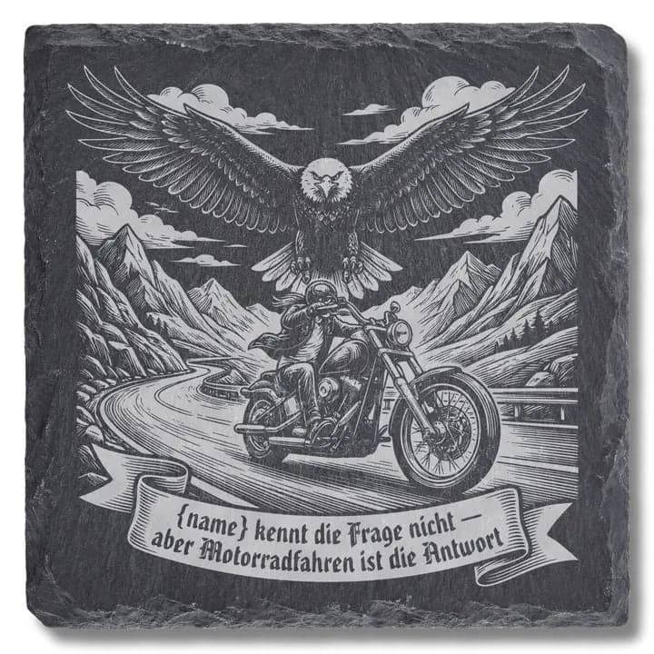 Schieferuntersetzer Biker Spruch «Motorradfahren ist die Antwort»
