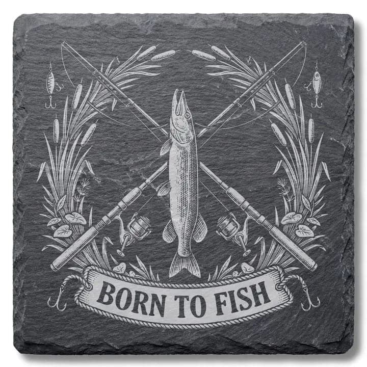 Schieferuntersetzer „Born to Fish“ – Geschenk Angler