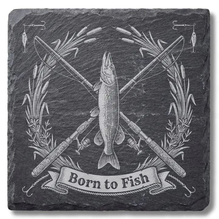 Schieferuntersetzer „Born to Fish“ – Geschenk Angler