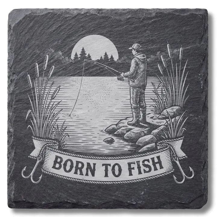 Schieferuntersetzer „Born to Fish“ – Geschenk Angler