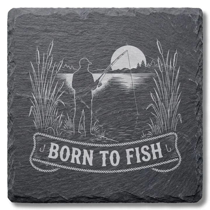 Schieferuntersetzer „Born to Fish“ – Geschenk Angler