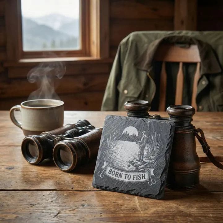 Schieferuntersetzer „Born to Fish“ – Geschenk Angler in Verwendung