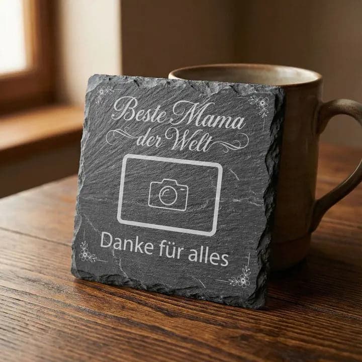 Schieferuntersetzer „Beste Mama“ mit Foto – Muttertag in Verwendung