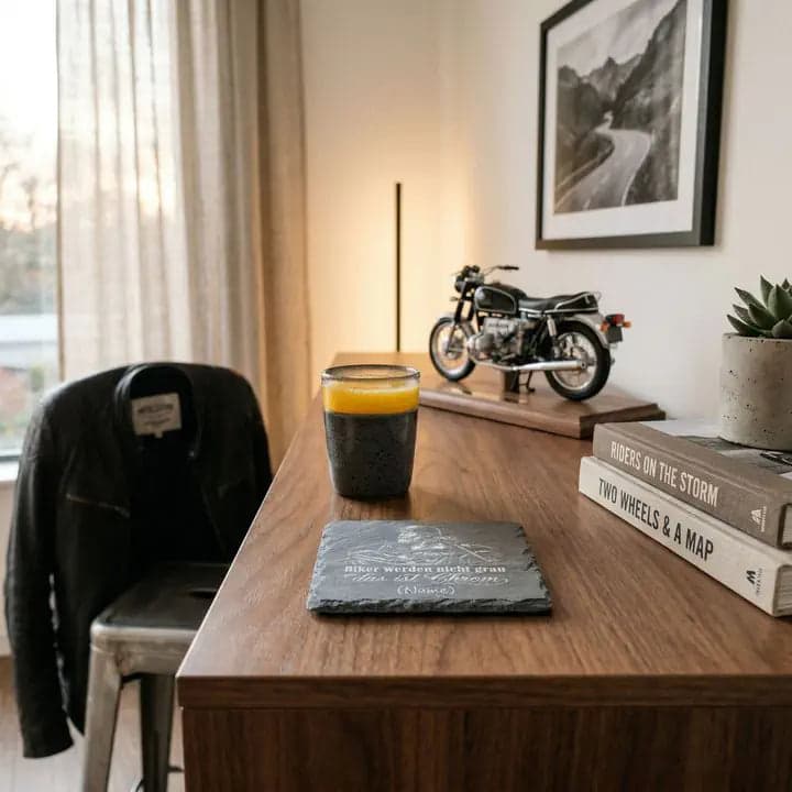 Schieferuntersetzer Biker Spruch „Nicht grau – Chrom“ in Verwendung