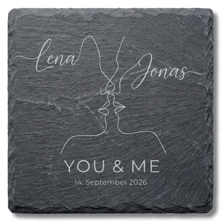 Schieferuntersetzer „You & Me“ Kuss Line-Art – Hochzeit