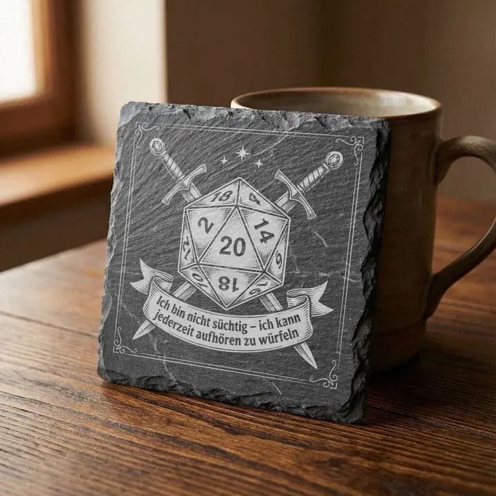 Schieferuntersetzer D20 Spruch „Nicht süchtig“ – Rollenspiel in Verwendung