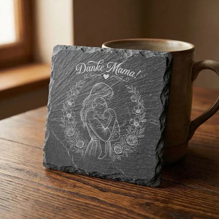 Schieferuntersetzer „Danke Mama!“ – Geschenk Muttertag in Verwendung