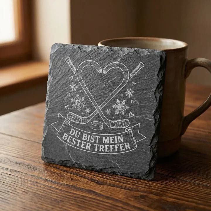 Schieferuntersetzer "Du bist mein bester Treffer" Eishockey in Verwendung