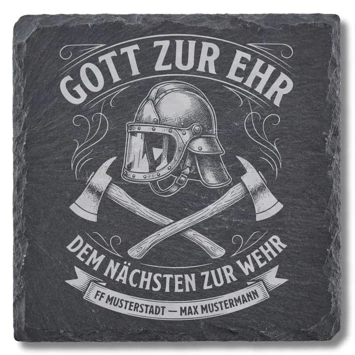 Schieferuntersetzer Feuerwehr „Gott zur Ehr“ – Personalisiert