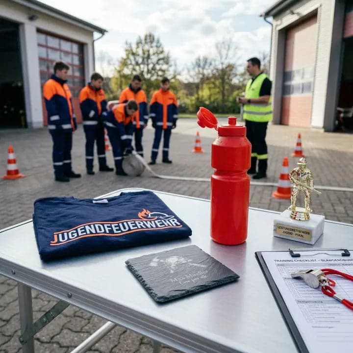 Schieferuntersetzer Feuerwehrhelm „Einer für alle“ in Verwendung