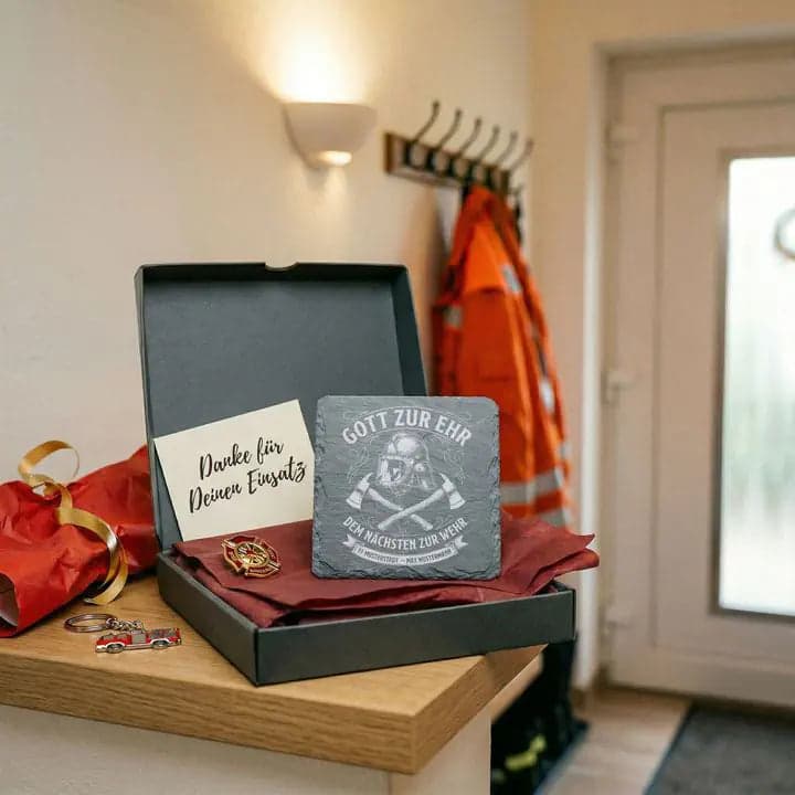 Schieferuntersetzer Feuerwehr „Gott zur Ehr“ – Personalisiert in Verwendung