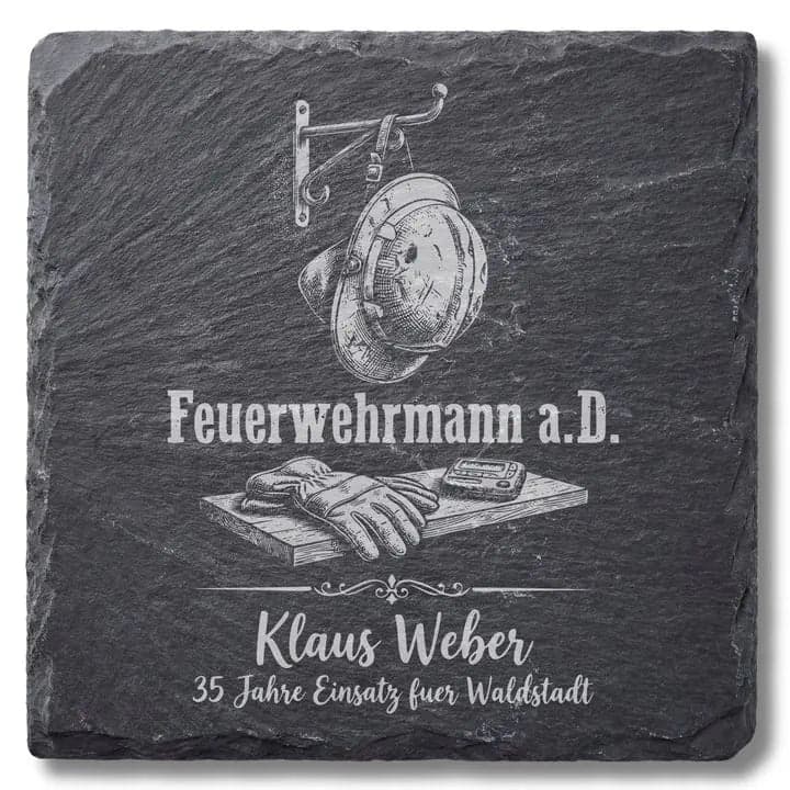 Schieferuntersetzer „Feuerwehrmann a.D.“ – Geschenk Ruhestand