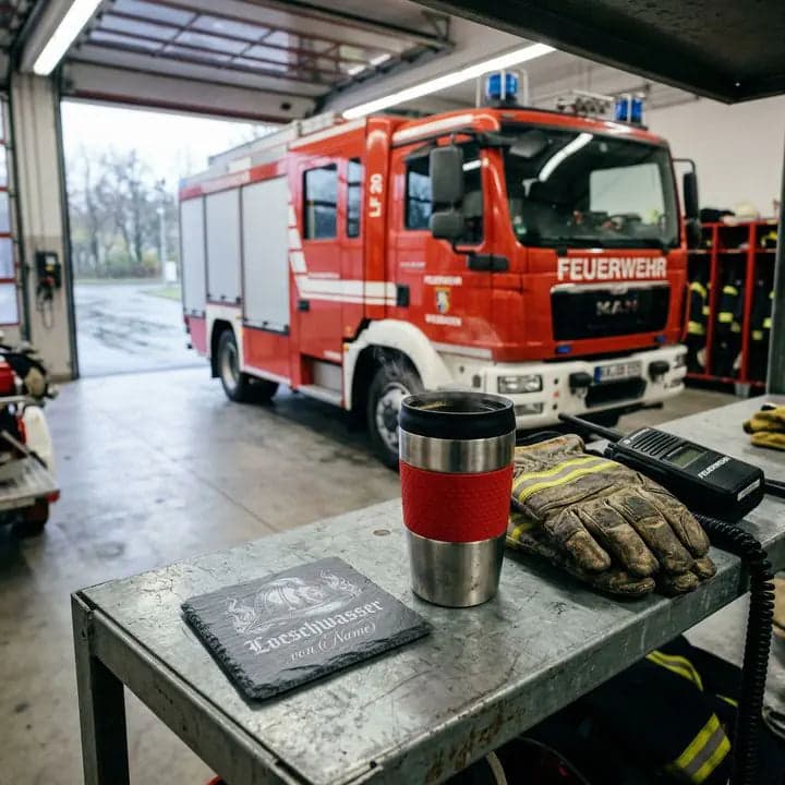 Schieferuntersetzer „Löschwasser“ – Geschenk Feuerwehr in Verwendung