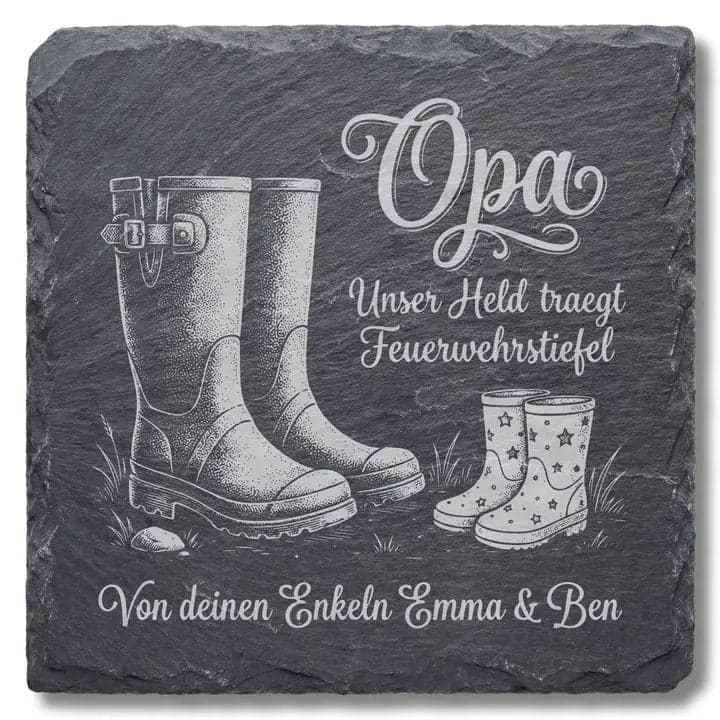 Schieferuntersetzer „Opa“ Feuerwehrstiefel – Geschenk Enkel