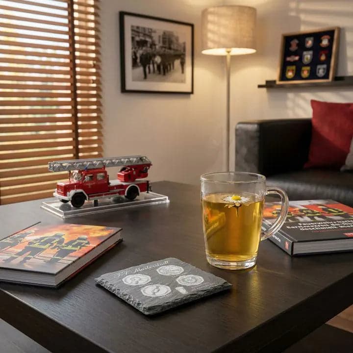 Schieferuntersetzer Feuerwehr „Retten Löschen Bergen“ – Spruch in Verwendung