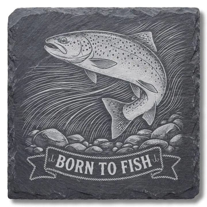 Schieferuntersetzer Forelle „Born to Fish“ – Angler Geschenk