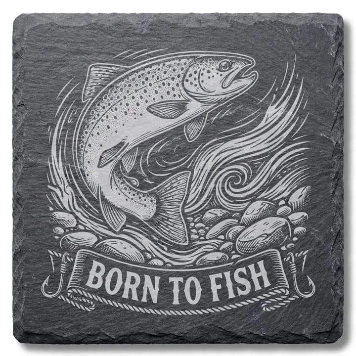 Schieferuntersetzer Forelle „Born to Fish“ – Angler Geschenk