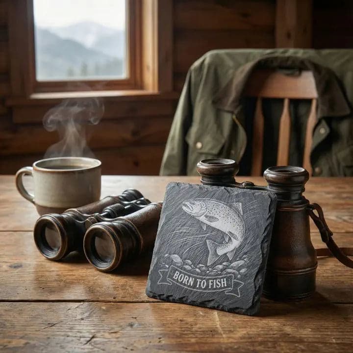 Schieferuntersetzer Forelle „Born to Fish“ – Angler Geschenk in Verwendung