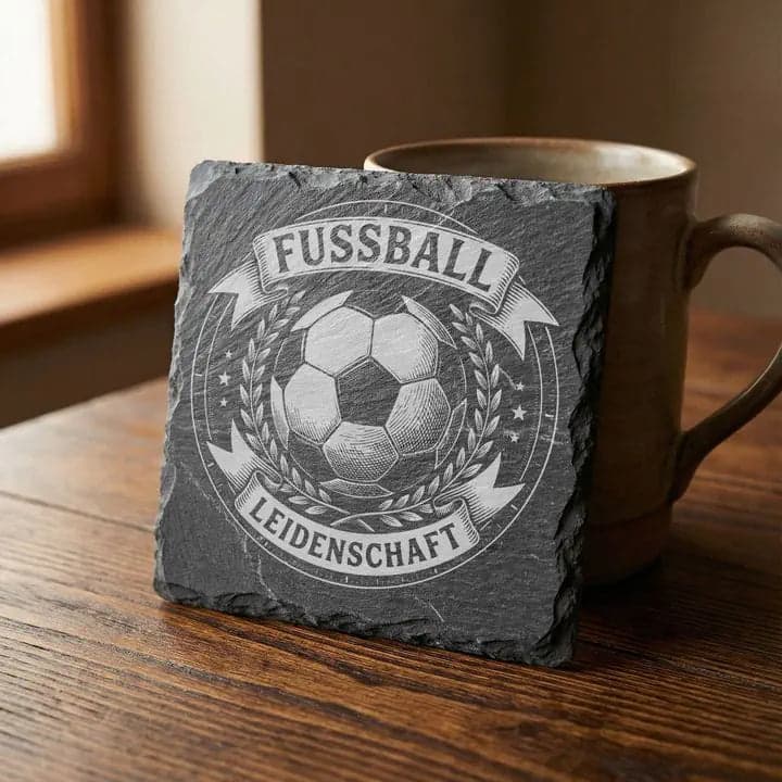 Schieferuntersetzer "Fussball Leidenschaft" – Geschenk Kicker in Verwendung