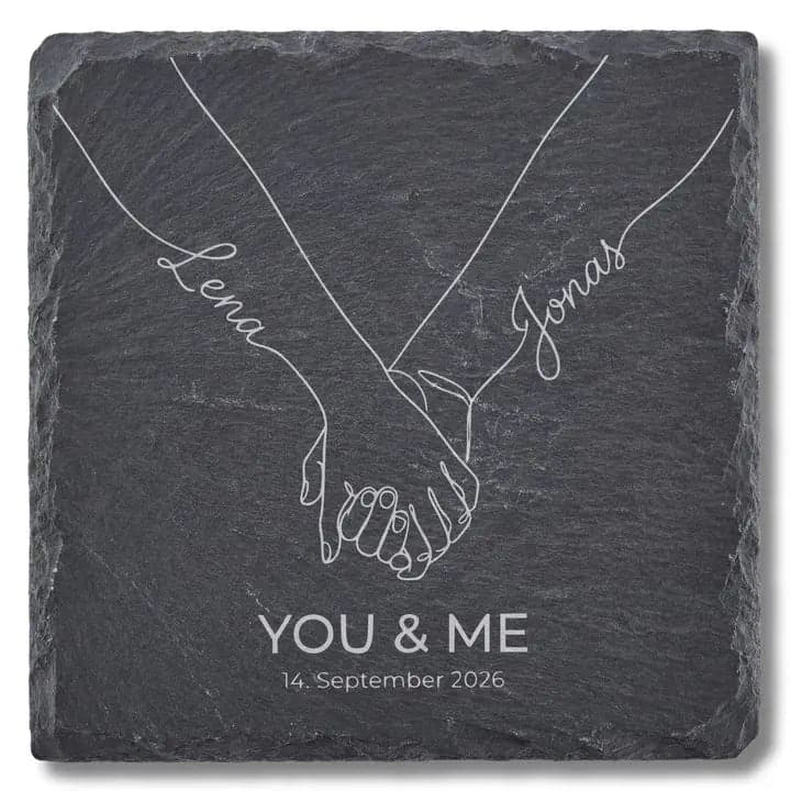 Schieferuntersetzer Hände «You & Me» – Hochzeit Andenken