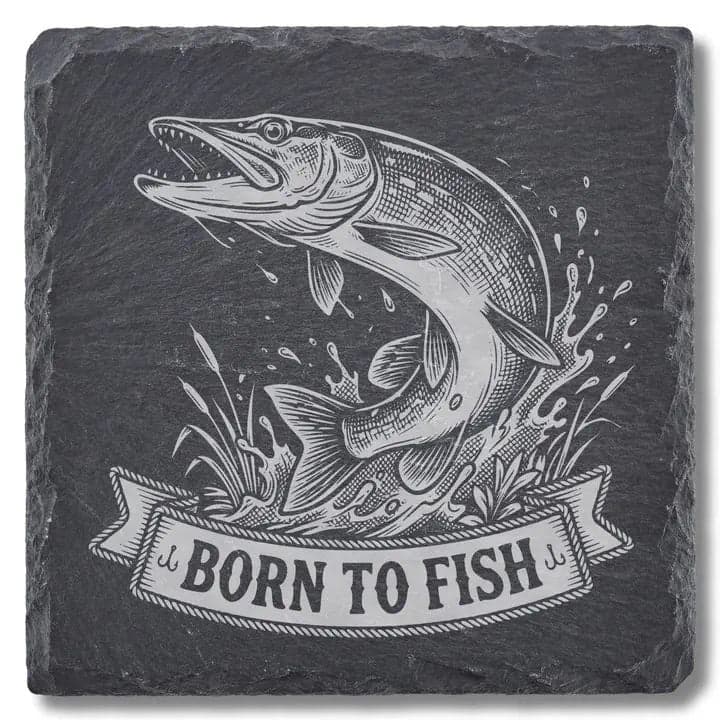 Schieferuntersetzer Hecht „Born to Fish“ – Angler Geschenk