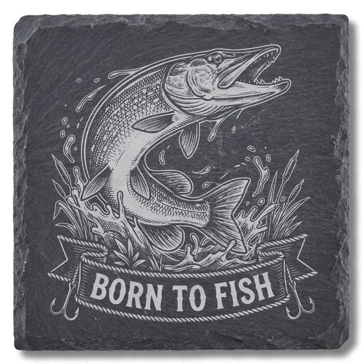 Schieferuntersetzer Hecht „Born to Fish“ – Angler Geschenk