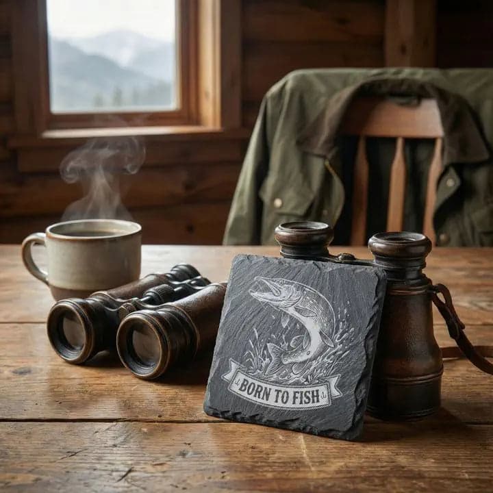 Schieferuntersetzer Hecht „Born to Fish“ – Angler Geschenk in Verwendung