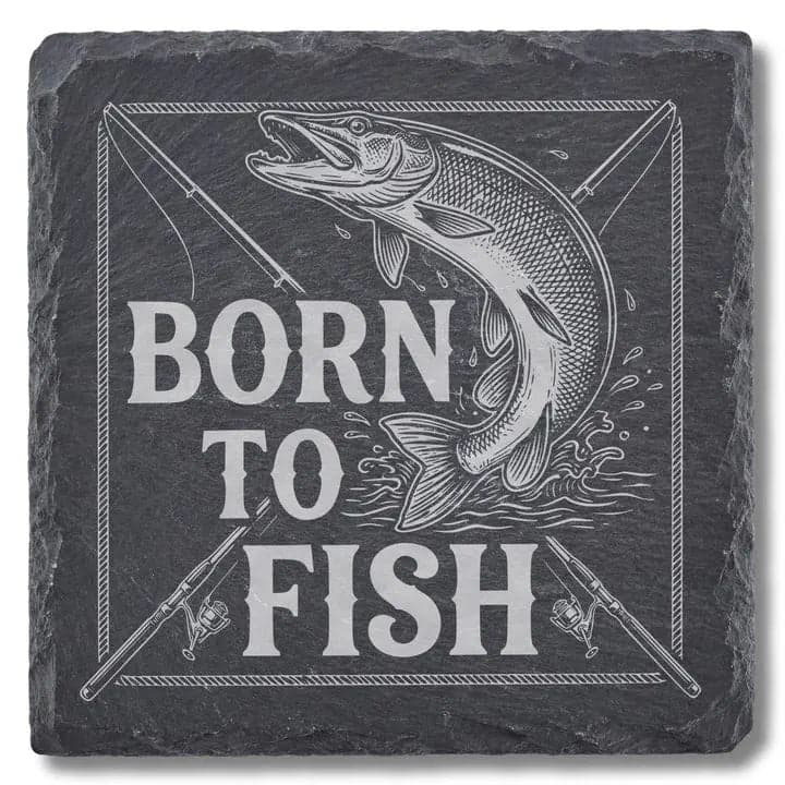Schieferuntersetzer „Born to Fish“ Hecht – Geschenk Angler