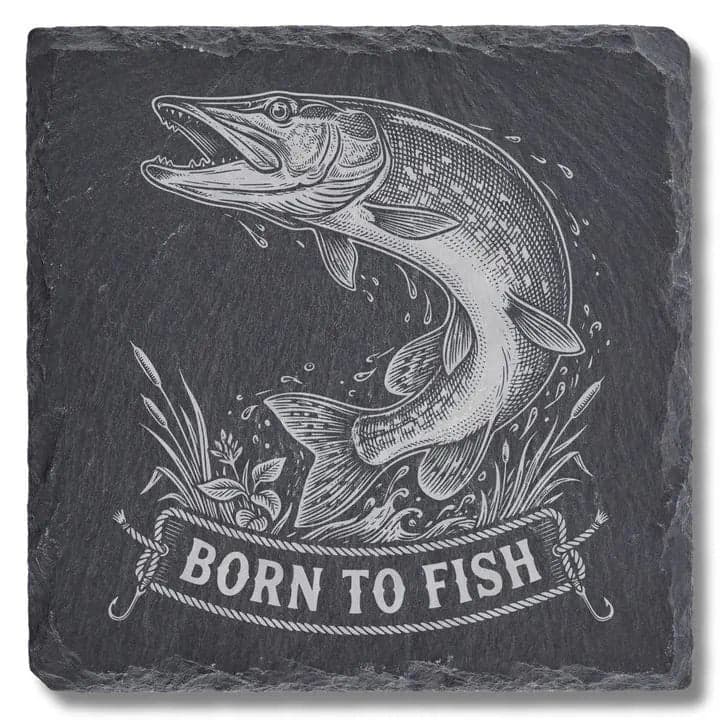 Schieferuntersetzer Hecht „Born to Fish“ – Angler Geschenk