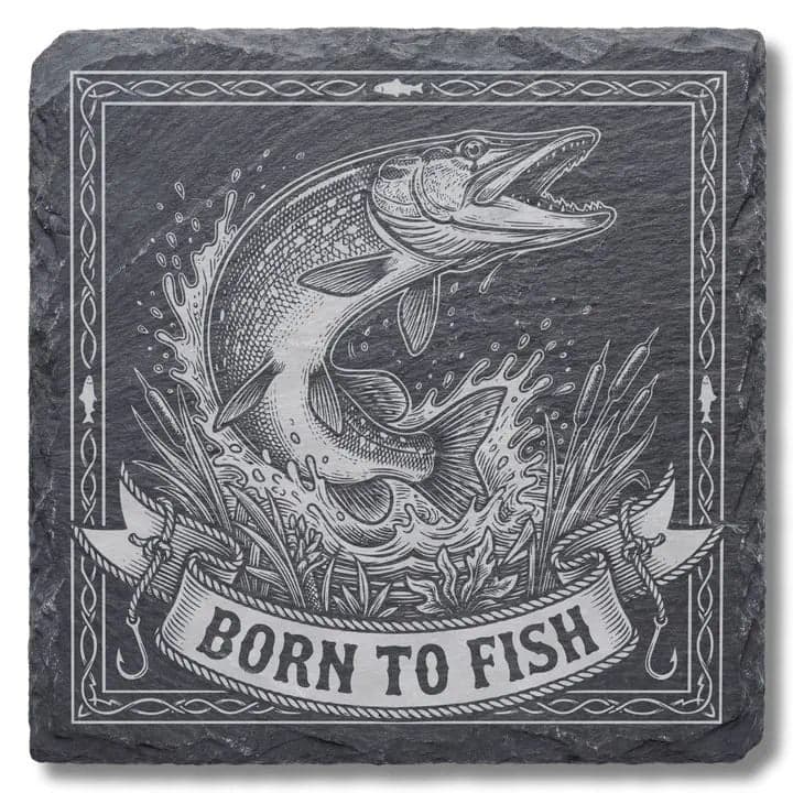 Schieferuntersetzer Hecht „Born to Fish“ – Angler Geschenk