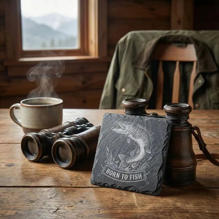 Schieferuntersetzer Hecht „Born to Fish“ – Angler Geschenk in Verwendung