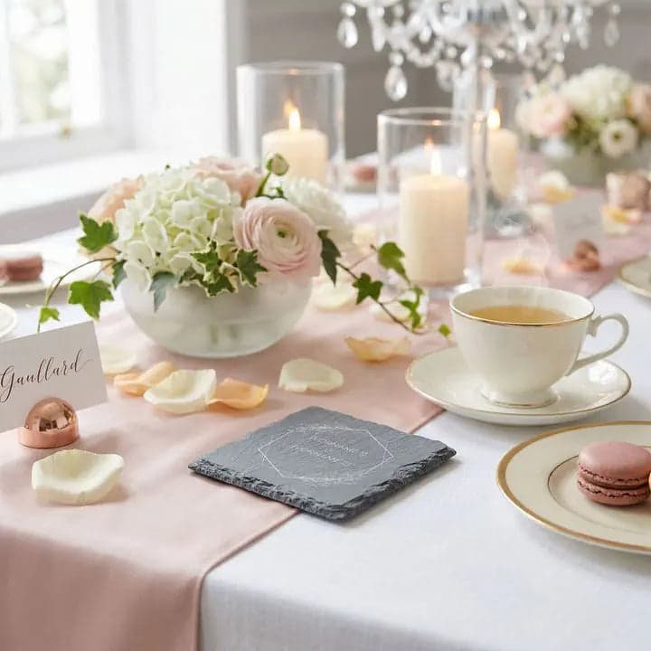 Schieferuntersetzer Hochzeit Hexagon Botanisch – Personalisiert in Verwendung