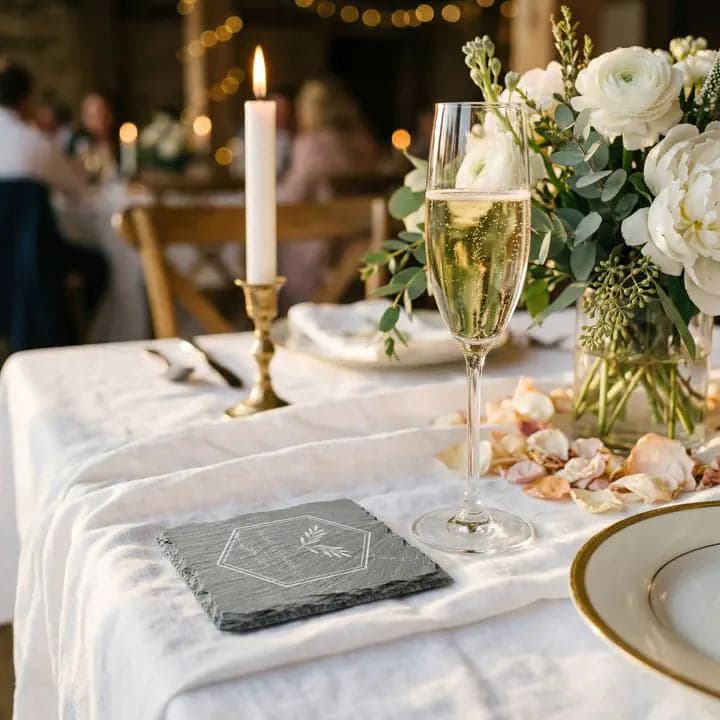 Schieferuntersetzer Hochzeit Hexagon – Namen & Datum in Verwendung