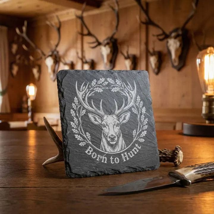 Schieferuntersetzer Hirsch "Born to Hunt" – Jagd Deko in Verwendung