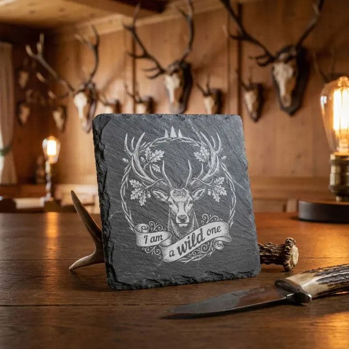 Schieferuntersetzer Hirsch „I Am a Wild One“ – Jäger in Verwendung