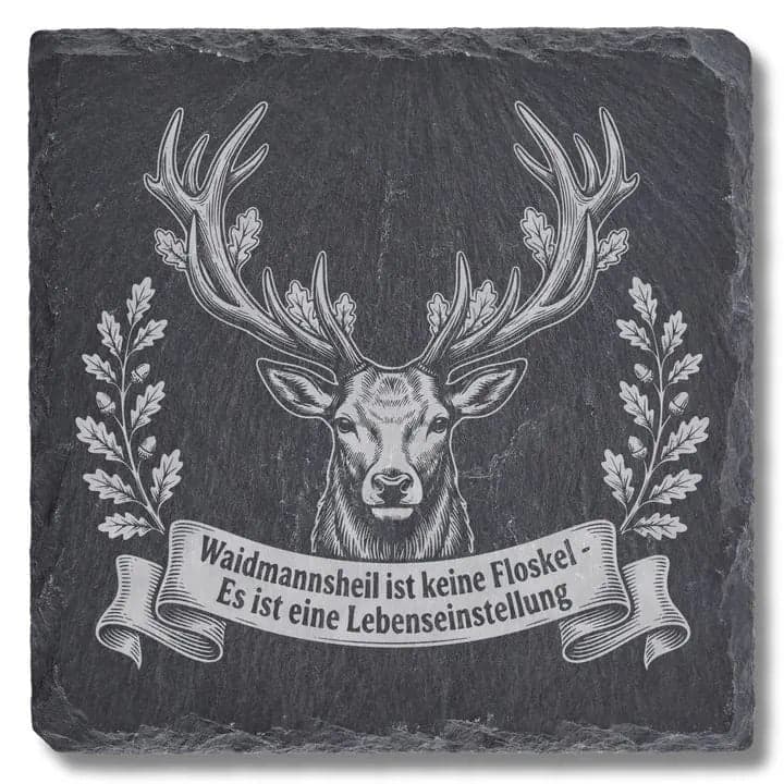 Schieferuntersetzer Hirsch Spruch "Waidmannsheil" – Jäger