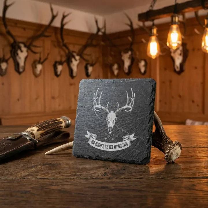 Schieferuntersetzer Spruch „Mir reicht’s“ Jagd – Jäger Geschenk in Verwendung