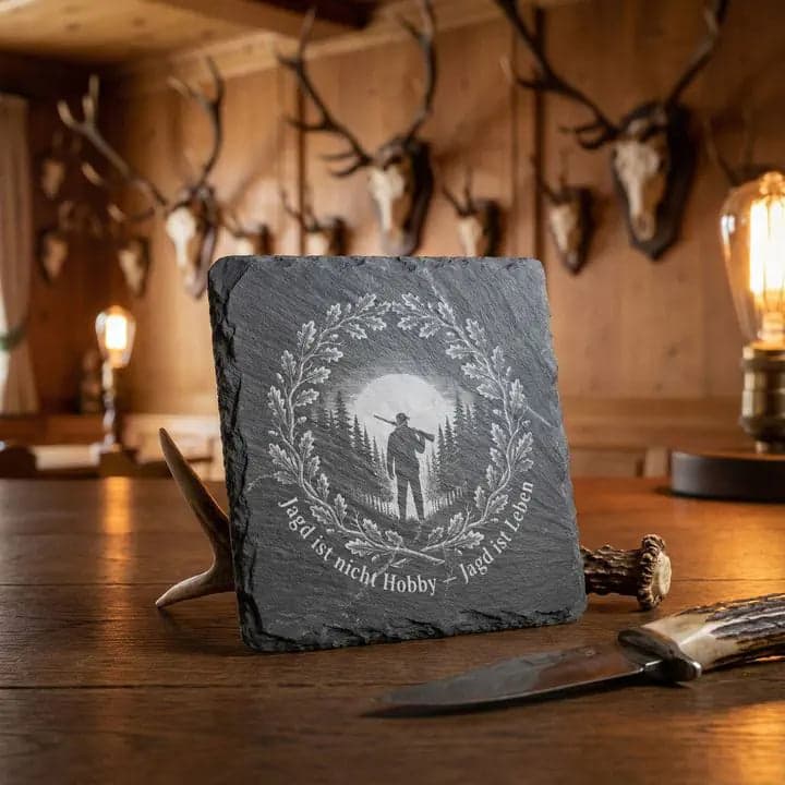 Schieferuntersetzer Jagd Spruch „Jagd ist Leben“ – Jäger in Verwendung
