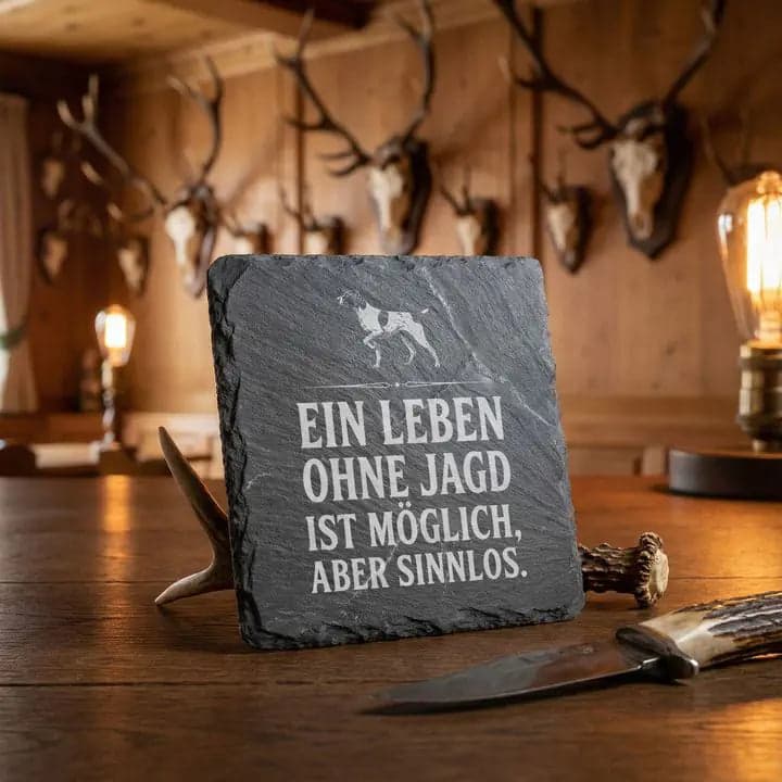 Schieferuntersetzer Jagd Spruch „Ohne Jagd sinnlos“ in Verwendung