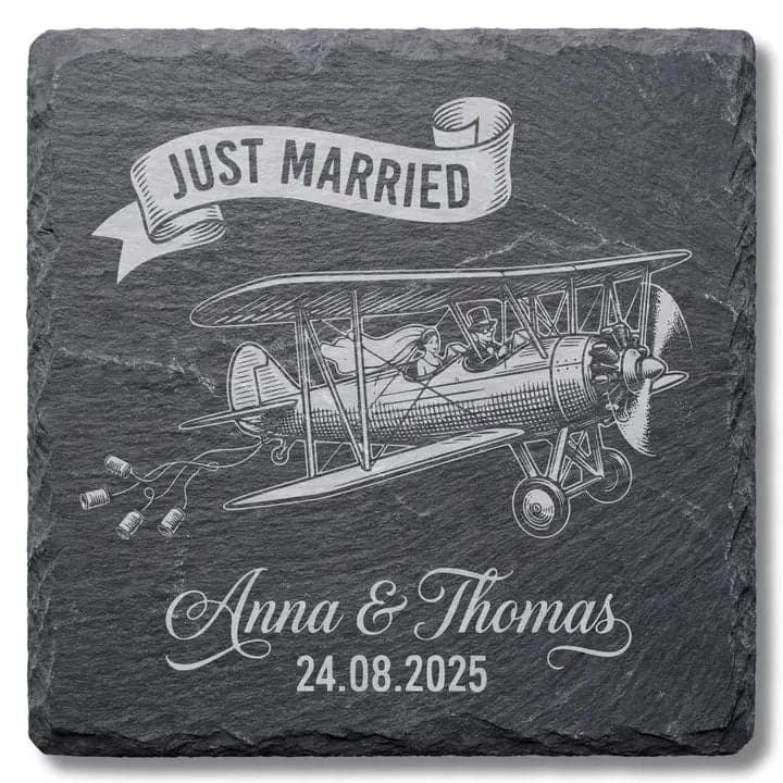 Schieferuntersetzer «Just Married» Doppeldecker Vintage