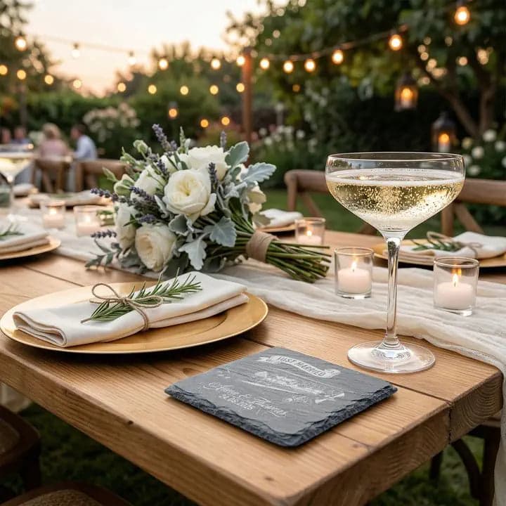 Schieferuntersetzer «Just Married» Doppeldecker Vintage in Verwendung