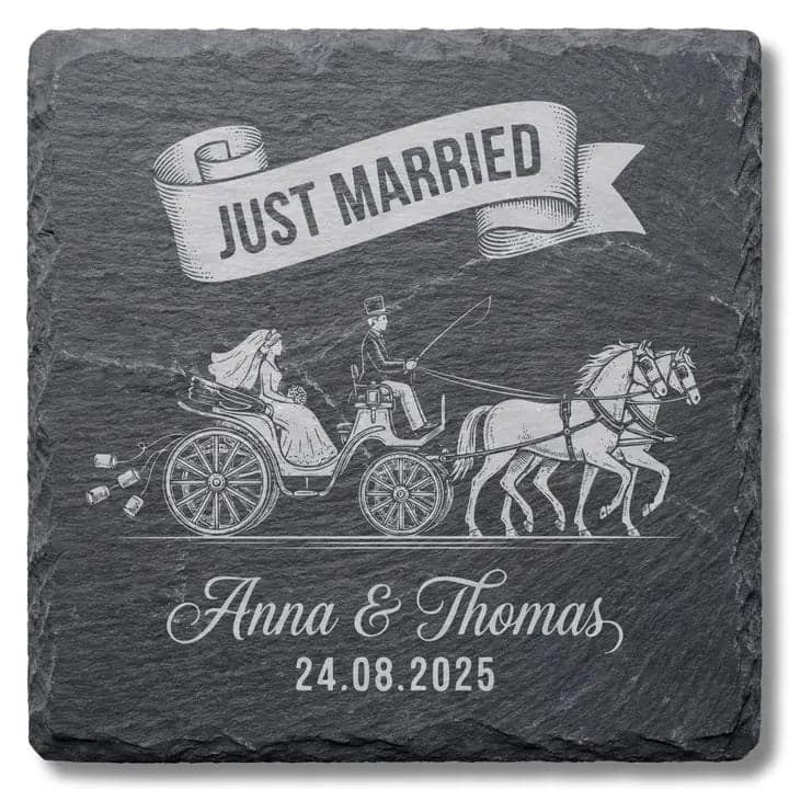 Schieferuntersetzer „Just Married“ Kutsche – Hochzeit