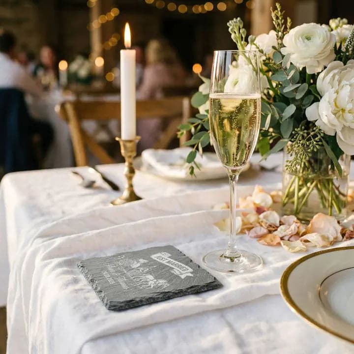 Schieferuntersetzer „Just Married“ Kutsche – Hochzeit in Verwendung