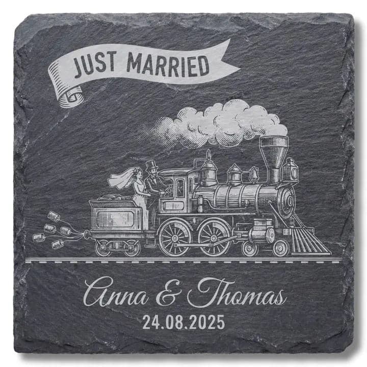 Schieferuntersetzer «Just Married» Lokomotive – Hochzeit
