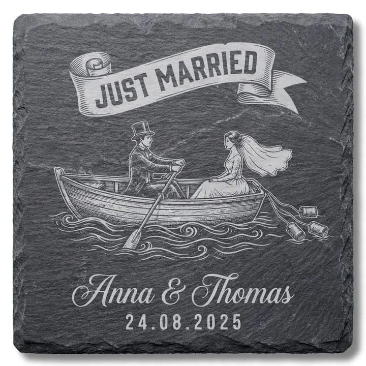 Schieferuntersetzer „Just Married“ Boot – Hochzeit personalisiert