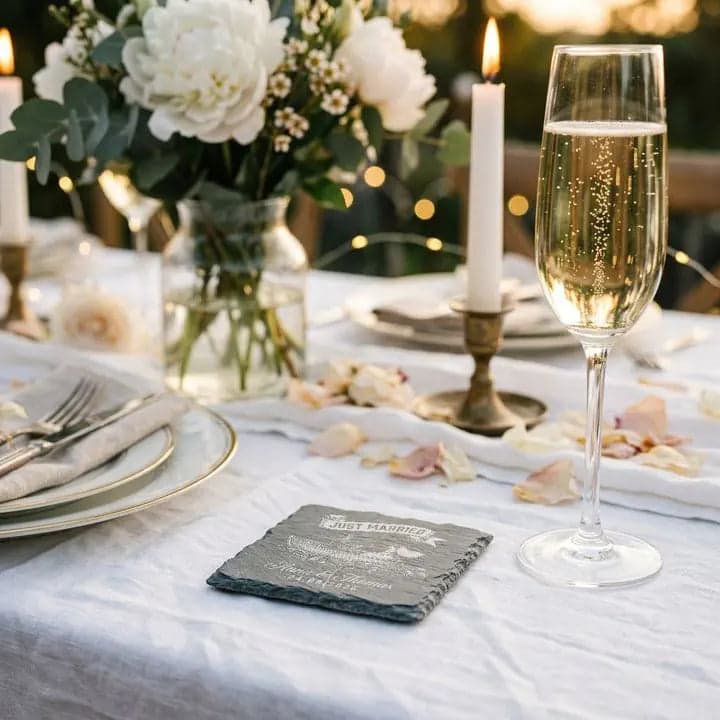 Schieferuntersetzer „Just Married“ Boot – Hochzeit personalisiert in Verwendung