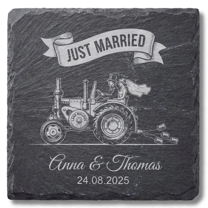 Schieferuntersetzer Traktor „Just Married“ – Hochzeit Land